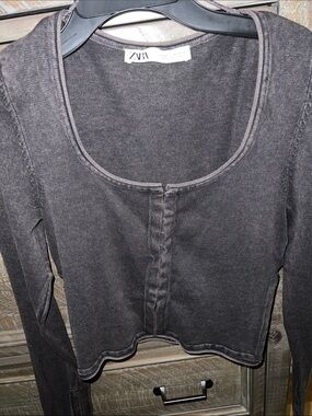Zara Washed Charcoal Scoop Neck Long Sleeve Top